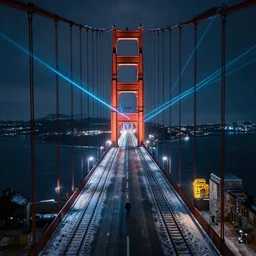 a view looking down from the top of the golden gate bridge in london on a winter night, snowy freezing roads and rails, vintage kodak, lasers all over the scene, strobe lights, winter, dark scenery, dark lighting, cinematic, cold freezing nights, laser lights, crybernetic, top floor boss shit, destroy lonely, black floor, lavish, luxurious, marble walls, cinematic, hyper realism, high detail, octane render, 8 k