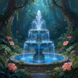 immortality fountain, well, in the jungle. bloom, blue lighting. fantasy, digital painting, hd, hyper detailed.