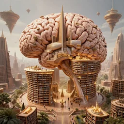 brain containing civilization, infinite city, library with bookshelves, worship temples, fractal