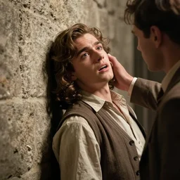 Still of a movie set in the 1930s where a young man with long hair is backed up against a stone wall by an assailant. He is looking utterly panicked and distressed