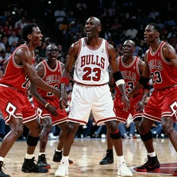 still from thriller music video with michael jordan singing in the middle wearing chicago bulls uniform, zombie dancers