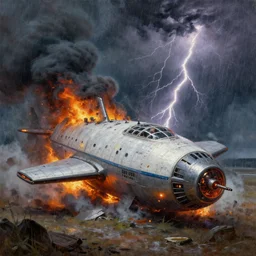 a russian spaceship stuck in the ground, the spaceship is on fire, smoke, rainstorm, lightning, angry, kinetic, john sargent, adolphe bouguereaum, norman rockwell, style by peter deligdisch, trending on artstation, highly detailed oil painting,