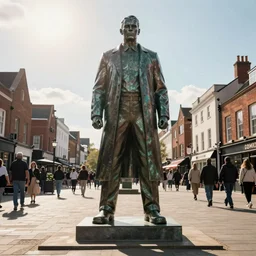 photo of a large statue of judge dredd in a busy town square on a sunny day