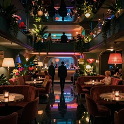 concept art, crowded retro - futurist speakeasy, reflections, dark moody lighting, designer furniture, high ceiling, 6 0 s colour palette, beautiful plants, colourful flowers, floor lamps, multi - level, bladerunner, james jean, syd mead, akihiko yoshida, cinematic