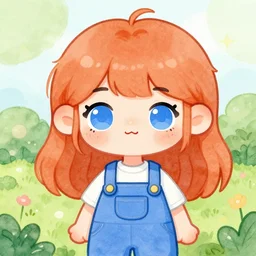 kawaii chibi art of a ginger girl with big blue eyes, freckles, garden, blue overalls, watercolor style