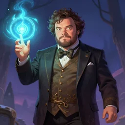 jack black as a dnd character, casting spells of glory.