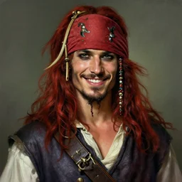 portrait of a young ruggedly handsome but joyful pirate, male, masculine, upper body, red hair, long hair, d & d, fantasy, seductive smirk, intricate, elegant, highly detailed, digital painting, artstation, concept art, matte, sharp focus, illustration, art by artgerm and greg rutkowski and alphonse mucha