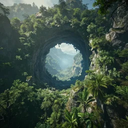 a celestial portal in the middle of the mountains to another world, foliage, realistic, unreal engine,