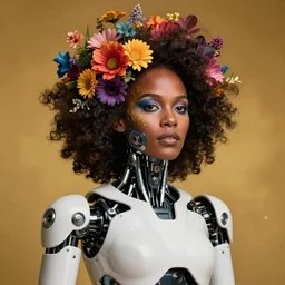 a beautiful intricate fine art portrait of lupita nyong'o as a cyborg with cybernetic implants, half face painted with face paint, epic hair spread out around her merging with colorful flowers, white mechanical industrial robot body, studio lighting, golden ratio composition, deep depth of field, 3 5 mm lens, behance, 8 k, by natalie shau and jarad vincent, masterpiece!