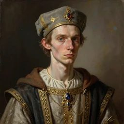 portrait painting of a skinny male scribe wearing fancy medieval clothes and a cap, sharp focus, award - winning, trending on artstation, masterpiece, highly detailed, intricate. art by james ryman