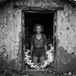 old lost footage in black and white of Barbara hiding from a burning place ,hyper realistic 8K HD real life photo