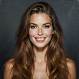 epic painting drawing, full portrait of a beautiful supermodel ( ( smiling lovingly ) ), long brown ( ( wavy ) ) hair, photography by amy leibowitz, wlop, jeremy lipkin, beeple, intricate, symmetrical front portrait, artgerm, dark smoky background