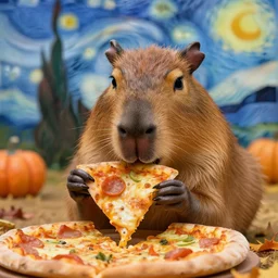 very beautiful portrait of an extremely cute and adorable capybara eating pizza by van gogh, smooth, perfect face, sharp focus, concept art, harvest fall vibrancy, intricate detail, cinematic lighting, hyperrealistic, 3 5 mm, diorama macro photography, 8 k, 4 k