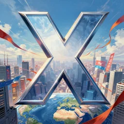 an epic comic book style painting of the uppercase letter x towering over the world, the letter x, giant font, massive lettering, future tokyo cityscape with ribbons, banners and ribbons, ribbons across the sky, trending on artstation, dynamic lighting
