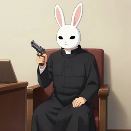 a man wearing priest clothes and a white rabbit mask sitting in a confessional holding a pistol, anime film still from the an anime directed by Katsuhiro Otomo with art direction by Salvador Dalí, wide lens