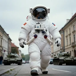 color photograph by legnica, extreme low angle long shot, white extremely oversized giant chubby fat american astronaut in spacesut with oversized helmet walking in legnica, tanks are visible in the distance, movie still, bokeh, canon 5 0 mm, cinematic lighting, dramatic, film, photography, depth of field, award - winning, overcast, 8 k, 3 5 mm film grain