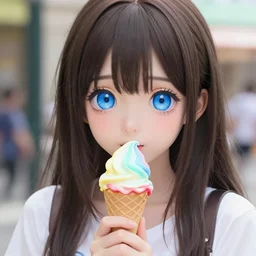teenage cute girl with extremely detailed blue eyes, holding a cone of rainbow ice cream!, full face, medium shot, anime, fantastic details, trending on artstation, pixiv, hyperdetailed, stanley artge rm lau, wlop, rossdraws, james jean marc simonetti ruan jia and mandy jurgens and artgerm and william adolphe bouguerea sakimic