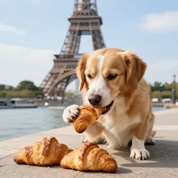 dog eating croissants in paris, photo