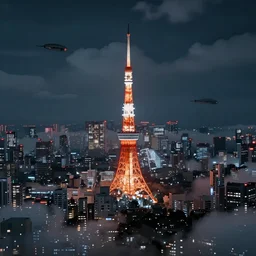 city in the clouds, beautiful art, dreamy, high detail, neon, dramatic, cinematic, clouds, moody, star ships, dark, night, sharp, detailed, fantasy art, tokyo, skycrapers, cloudy, very realistic