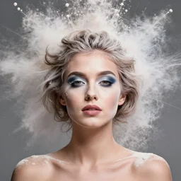 a woman with a poof of makeup powder exploding behind her.