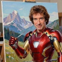 a closeup photorealistic photograph of bob ross working on a canvas painting of himself as iron man. lit studio, mountain scape. film still, vibrant colors. this 4 k hd image is trending on artstation, featured on behance, well - rendered, extra crisp, features intricate detail, epic composition and the style of unreal engine.