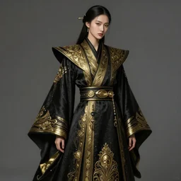 Photorealistic illustration, 3/4 view of Korean fashion model in Star Wars sith black and gold robes, sci-fi, futuristic, intricate, elegant, highly detailed, digital painting, artstation, concept art, smooth, sharp focus, art by artgerm, greg rutkowski and alphonse mucha