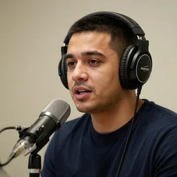 A photograph of a bird wearing headphones and speaking into a microphone