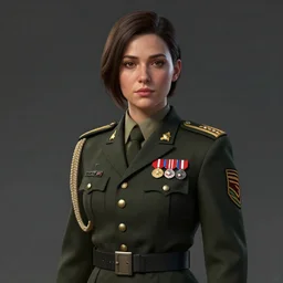 character design of a young military woman with medals on her uniform, character design, cinematic, digital painting, unreal engine, by greg rutkowski, darker colors, intricate detail, medium shot, trending on artstation, beautiful