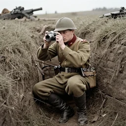 a 1914 austrio-hungarian soldier sitting in a trench during world war 1, taken by a world war 1 camera.