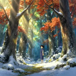 high quality illustration of an enchanted magical autumn forest, day time, sunshine, glowing snow, amazing mood, art by daisuke tsutsumi and ghibli studio, artstation art
