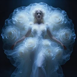 neoclassical professional digital art of wonderful symmetrical goddess with a large majestic semi transparent white roses cotton dress, blue atmospheric light, dramatic lighting, cinematic, painted, intricate, detailed, foreboding, by art by meredit frampton and gregory crewdson, stunning, gorgeous, much wow, cinematic, masterpiece.