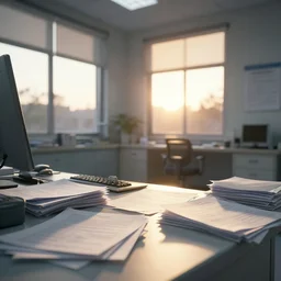 a doctor's office with disheveled paperwork on every surface, light shining through the windows, sunset, dramatic lighting, raytracing, octane render
