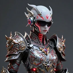 albino maiko in a ornated armor futuristic sunglasses war paint, red and white neon, concept art, intricate details, highly professionally detailed, cgsociety, highly detailed -