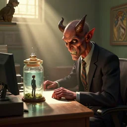A demon in office attire, looks at a tiny human he has in a jar at his desk, in his hell cubicle, sunrays, dust in the air, DnD character, unreal engine, octane render, dramatic lighting, pond, digital art, by Stanley Artgerm Lau, greg rutkowski, thomas kindkade, alphonse mucha, loish, norman Rockwell,