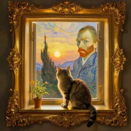 a small cat on a small windowsill at sunset, studio lighting, golden ratio, details, masterpiece, fine art, intricate, decadent, ornate, highly detailed, digital painting, octane render, ray tracing reflections, 8 k, artstation, concept art, smooth, sharp focus, illustration, art by claude monet and vincent van gogh and van eyck