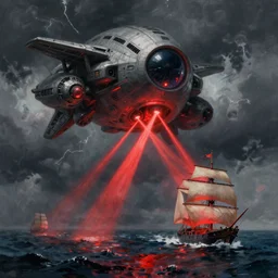 A beautiful matte painting of huge alien spaceship attacking with powerful red lasers a Sailship in ocean in thunderstorm by Greg Rutkowski and Ivan aivazovsky