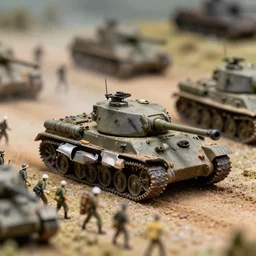 high quality presentation photo of a detailed miniature diorama of a tank battle with miniature soldiers, photography 4k, f1.8 anamorphic, bokeh, 4k, Canon, Nikon