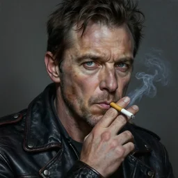 portrait of hugh laurie, gritty, dark, wearing a leather jacket, smoking a cigarette, very detailed eyes, hyperrealistic, very detailed painting by Glenn Fabry, by Joao Ruas, by Artgerm