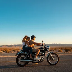 hd wallpaper, romantic couple ride on motorbike, ride out there, road california desert, sunset, blue sky, award winning photo