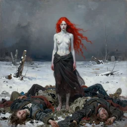 a surrealist painting of a lonely woman with white skin and red hair standing over pile of bodies in post apocalyptic snowy landscape painted by beksinsk