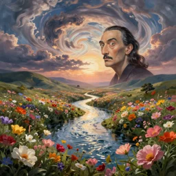 digital painting surrealism flower river flowers valley at sunrise surreal swirly sky esao andrews victor enrich dali