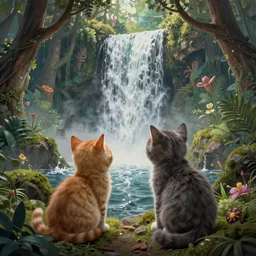 two kittens watching the waterfall in the enchanted forest, fantasy, intricate, extremely detailed, face enhance, matte, artstation, art by greg rutkowski, louis wain, alan lee