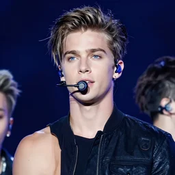 the handsome lead singer of a boyband with sandy brown hair and blue eyes wearing a neon blue microphone headset posing on stage. n - sync, backstreet boys, one direction, bts concert. photorealistic. hyper realism. ray tracing hdr. intricate detailed masterpiece. lifelike.