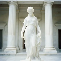 a translucent marble statue of a young woman wearing an billowing dress, inside a white marble temple with colums, in the style of irakli nadar, soft lighting, film photography, high detail