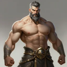 a highly detailed illustration of short haired shirtless bearded god, focused bodybuilding pose, muscular, intricate, elegant, highly detailed, centered, digital painting, artstation, concept art, smooth, sharp focus, league of legends concept art, WLOP