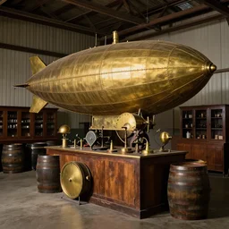 vintage airship with brass equipment in a hanger with large barrels and cabinets