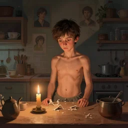 cute kitchen dim lit by a candle ripped physique simon stalenhag gerald brom bastien grivet greg rutkowski portrait game background