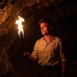 one man bringing fire with torch into cave in darkness