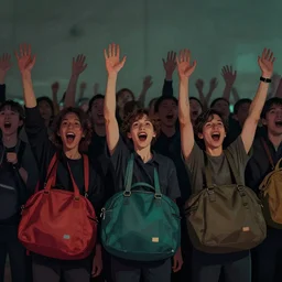 a group of people, with their bags turned towards the camera. cheering, holding their hands up high. low light, contrasting background. digital art, by stanley artgerm lau, greg rutkowski, thomas kindkade.