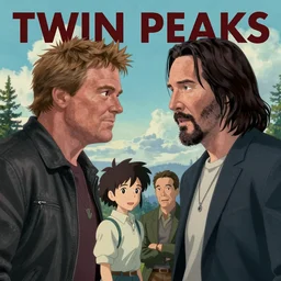 Twin Peaks poster artwork by Michael Whelan and Tomer Hanuka, Rendering of Joe Rogan & Keanu Reeves solving mysterious together, full of details, by Makoto Shinkai and thomas kinkade, Matte painting, trending on artstation and unreal engine